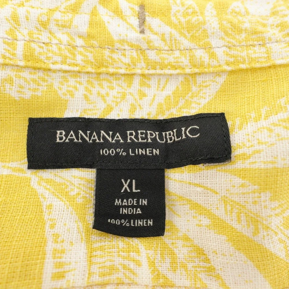 Banana Republic 100% Linen Button Down Shirt Yellow Tropical Palm‎ Leaf Mens XL